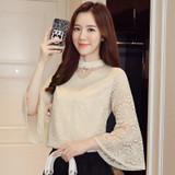 2017 New Fashion Autumn Green Lace Blouse Women V-neck Flare Sleeve Shirt Female Back Zipper Tops Hollow Out Blusas Femme