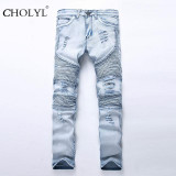 2017 New mens jeans brand destroyed hole jeans straight men's biepA jeans slim frayed denim true harem jeans for men