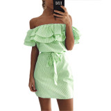 2017 Ruffles slash neck women dress Summer style off shoulder Butterfly Sleeve dresses Striped mini dress With Belt Vestidos