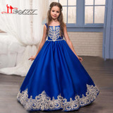 2017 Royal Blue Flower Girls Dresses for Weddings with Gold Lace Appliques Little Girls Pageant Gowns First Communion Dress