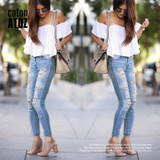 catonATOZ 2074 New Women`s Distressed Mid High Waist Jeans Cotton Denim Pants Stretch Womens Ripped Skinny Jeans For Female
