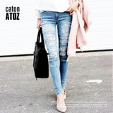 catonATOZ 2074 New Women`s Distressed Mid High Waist Jeans Cotton Denim Pants Stretch Womens Ripped Skinny Jeans For Female