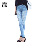 catonATOZ 2074 New Women`s Distressed Mid High Waist Jeans Cotton Denim Pants Stretch Womens Ripped Skinny Jeans For Female