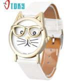 cat watch for Women Quartz Leather Band Analog Watches Cute Glasses Analog Quartz Dial Wrist Watch yj