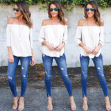 Casual T Shirt Tops Women Clothing New Fashion Women Lady Clothes Tops Summer Short Sleeve Off Shoulder Loose
