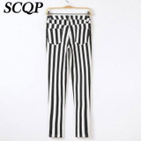 Casual Spring Women Pencil Pants High Waist Cotton Black White Striped Women's Pants New 2016 Fashion Office Slim Women Trousers