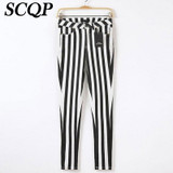 Casual Spring Women Pencil Pants High Waist Cotton Black White Striped Women's Pants New 2016 Fashion Office Slim Women Trousers