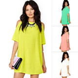 Casual Short Sleeve Off shoulder O-neck Chiffon Dress for Summer Cozy Pour Color Ladies Vestidos