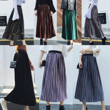 Casual Pleated Skirts Womens Autumn 2017 New Arrival Fashion Long Skirt Velvet High Waist Elastic Solid Women Skirt Black Gray