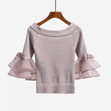 2017 Autumn off shoulder cropped white sweater tops women slash neck sexy korean striped flare sleeve knitted pullovers sweaters