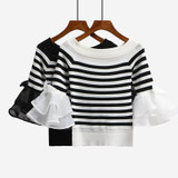 2017 Autumn off shoulder cropped white sweater tops women slash neck sexy korean striped flare sleeve knitted pullovers sweaters