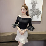 2017 Autumn off shoulder cropped white sweater tops women slash neck sexy korean striped flare sleeve knitted pullovers sweaters