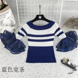 2017 Autumn off shoulder cropped white sweater tops women slash neck sexy korean striped flare sleeve knitted pullovers sweaters
