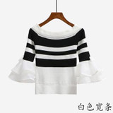 2017 Autumn off shoulder cropped white sweater tops women slash neck sexy korean striped flare sleeve knitted pullovers sweaters