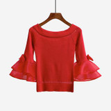 2017 Autumn off shoulder cropped white sweater tops women slash neck sexy korean striped flare sleeve knitted pullovers sweaters