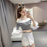 2017 Autumn off shoulder cropped white sweater tops women slash neck sexy korean striped flare sleeve knitted pullovers sweaters