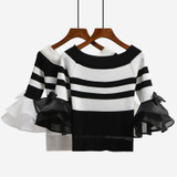 2017 Autumn off shoulder cropped white sweater tops women slash neck sexy korean striped flare sleeve knitted pullovers sweaters
