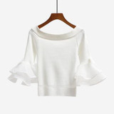 2017 Autumn off shoulder cropped white sweater tops women slash neck sexy korean striped flare sleeve knitted pullovers sweaters