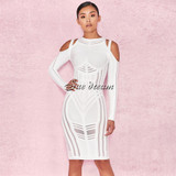 2017 Autumn new women long sleeve o neck bandage dress sexy bodycon hollow out celebrity party elegant white dresses vestidos