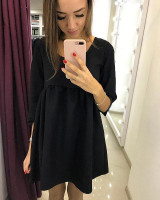 2017 autumn new fashion women solid loose dress casual o-neck Three Quarter sleeves ruffle dresses red black pleated dress