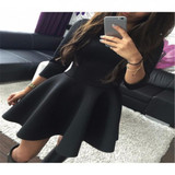 2017 Autumn Mini Black Plain Pleated Round Sexy Club Party O-Neck Fashion Casual Round Dress A-Line Bandage Dress Half Women