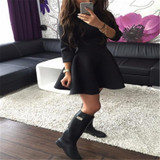 2017 Autumn Mini Black Plain Pleated Round Sexy Club Party O-Neck Fashion Casual Round Dress A-Line Bandage Dress Half Women