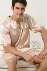 2017 autumn men silk pajamas sets of sleepshirt &amp; shorts adult sleepwear family casual home clothing plus