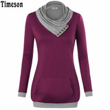 2017 Autumn Long Sleeve Kangaroo Pocket Women Hoodies Scarf Neck Casual Knitted Patchwork Pullovers Female Out Wear Tee Shirt