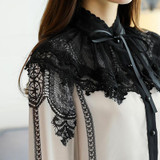 2017 Autumn Long Flare Sleeve Stand Collar Bow Tie Chiffon Shirts Women Elegant Vintage Lace Patchwork Chiffon Blouses Tops