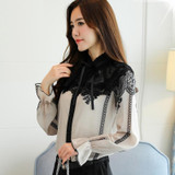 2017 Autumn Long Flare Sleeve Stand Collar Bow Tie Chiffon Shirts Women Elegant Vintage Lace Patchwork Chiffon Blouses Tops