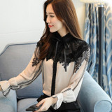 2017 Autumn Long Flare Sleeve Stand Collar Bow Tie Chiffon Shirts Women Elegant Vintage Lace Patchwork Chiffon Blouses Tops