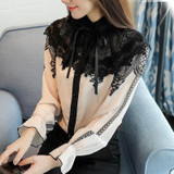 2017 Autumn Long Flare Sleeve Stand Collar Bow Tie Chiffon Shirts Women Elegant Vintage Lace Patchwork Chiffon Blouses Tops