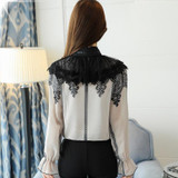 2017 Autumn Long Flare Sleeve Stand Collar Bow Tie Chiffon Shirts Women Elegant Vintage Lace Patchwork Chiffon Blouses Tops