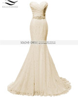 Solovedress Elegant Beaded Sweetheart Champagne Mermaid Lace Evening Dress 2017 Formal Gown With Sash vestido de festa longo W01