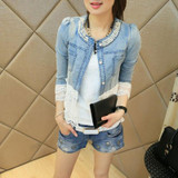 2017 Jeans Jacket Women Slim Lace Patchwork Beading Denim Female Elegant Vintage Jackets Coat Loce Jacket