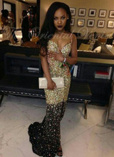 2017 Hveay Gold Beaded Crystal Mermaid Prom Dresses for Black Girls Sexy Spaghetti Straps Side Slit African Long Evening Gowns