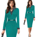 2017 New Spring and Autumn Women OL V Neck Dress Long Sleeve Dot Print Elegant Slim Dress