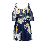 2017 New Sexy Women Chiffon Summer Dress V-neck strapless dresses print lotus leaf beach Female clothing Party Dresses Women