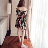 2017 New Sexy Women Chiffon Summer Dress V-neck strapless dresses print lotus leaf beach Female clothing Party Dresses Women