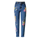 2017 fashion high waist jeans woman trousers vintage floral embroidered jeans for women denim pencil pants female plus size
