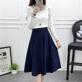 2017 Fashion Corduroy Autumn Winter Casual Skirt High Waist Hepburn Style Vintage Skirt Women Casual Midi Pleated Skirts Belt