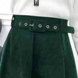 2017 Fashion Corduroy Autumn Winter Casual Skirt High Waist Hepburn Style Vintage Skirt Women Casual Midi Pleated Skirts Belt