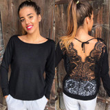 2017 Brand New Sexy Women's Longsleeve Loose Lace Back Casual Shirt Autumn Tops T-Shirt Fashion Women Clothes