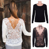 2017 Brand New Sexy Women's Longsleeve Loose Lace Back Casual Shirt Autumn Tops T-Shirt Fashion Women Clothes