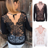 2017 Brand New Sexy Women's Longsleeve Loose Lace Back Casual Shirt Autumn Tops T-Shirt Fashion Women Clothes