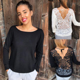 2017 Brand New Sexy Women's Longsleeve Loose Lace Back Casual Shirt Autumn Tops T-Shirt Fashion Women Clothes
