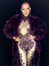 Sparkly Crystals Jumpsuit Women Sexy Outfit Party Prom Costumes Stage Fake Fur Jacket Dance Nightclub Singer Rhinestone Rompers