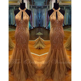 Sparkly Heavy Beads Crystal Champagne Prom Dresses 2017 Sexy Halter Neck Mermaid Party Evening Gowns with Keyhole Pageant Dress Sparkly Heavy Beads Crystal Champagne Prom Dresses 2017 Sexy Halter Neck Mermaid Party Evening Gowns with Keyhole Pageant Dress