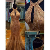 Sparkly Heavy Beads Crystal Champagne Prom Dresses 2017 Sexy Halter Neck Mermaid Party Evening Gowns with Keyhole Pageant Dress Sparkly Heavy Beads Crystal Champagne Prom Dresses 2017 Sexy Halter Neck Mermaid Party Evening Gowns with Keyhole Pageant Dress