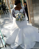 South African Mermaid Wedding Dresses Lace Appliques Plus Size Sheer Long Sleeves Bridal Gowns Satin Sweep Train Wedding Vestido